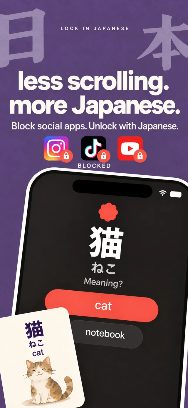 Illustration of Instagram, TikTok and YouTube with locks above a Japanese neko (cat) quiz and a cat word card